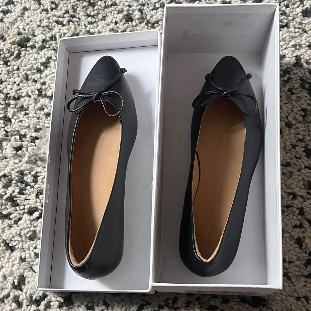 Quince Black Italian Leather Pointed Bow Flats